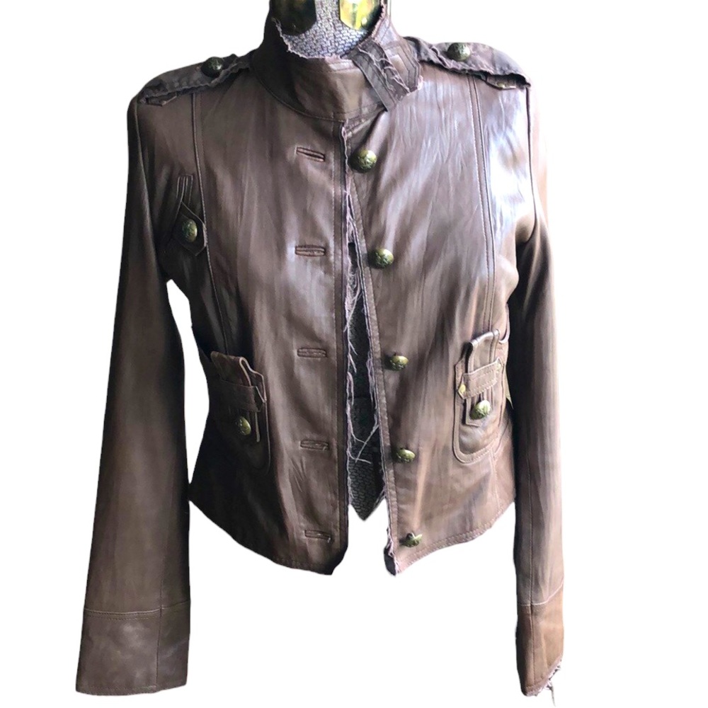 Mackage Brown Leather Military-Inspired Jacket